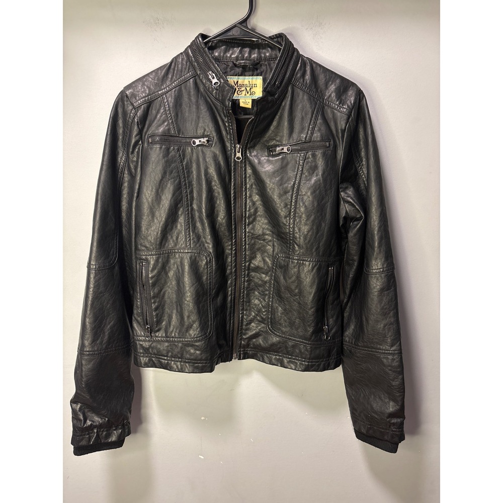 Maralyn & Me Womens Soft Black Faux Vegan Leather Moto Biker Jacket L bikercore